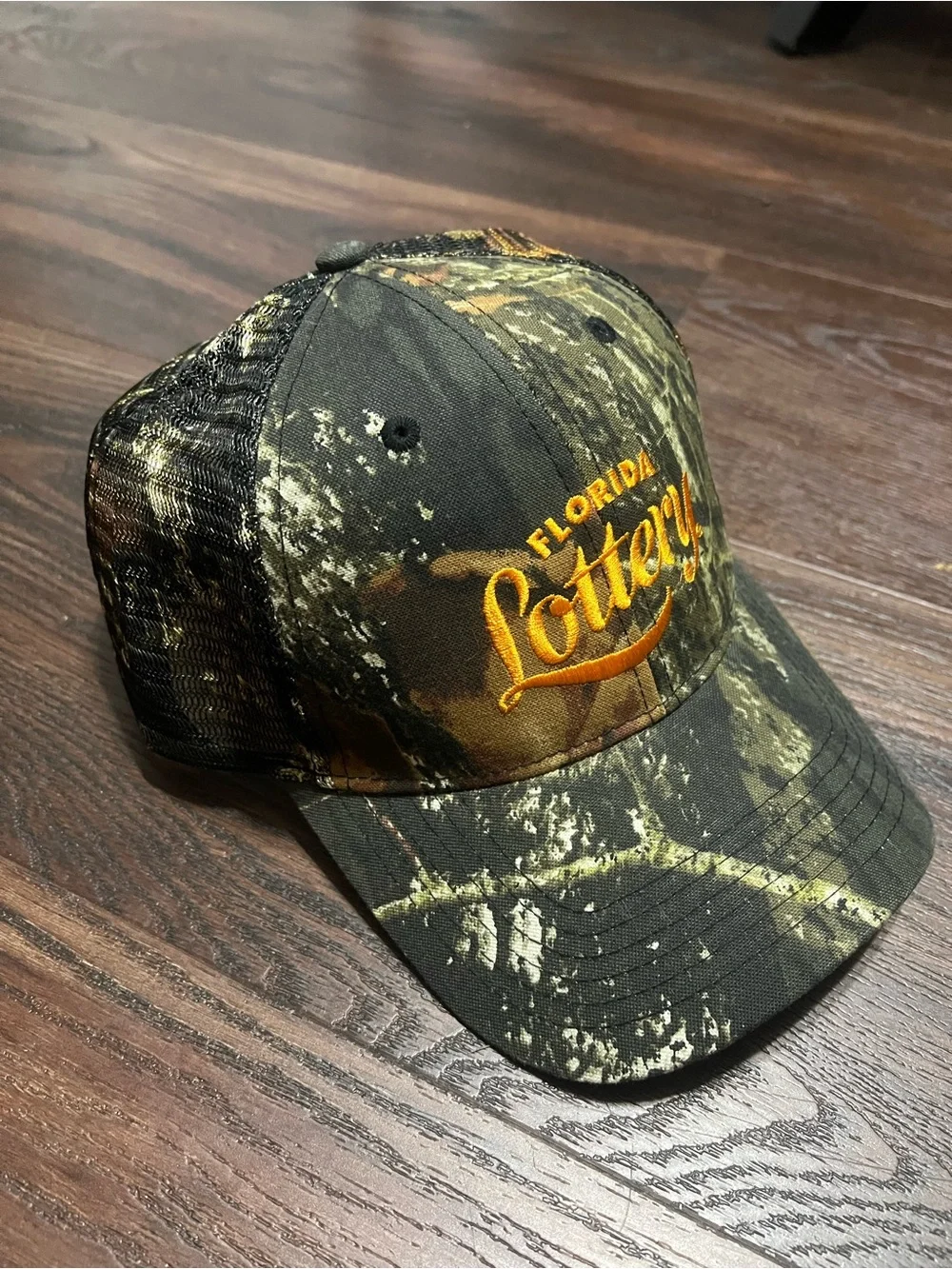Florida Lottery Camouflage Trucker Hat Woodland Camo Pattern Orange Embroidered